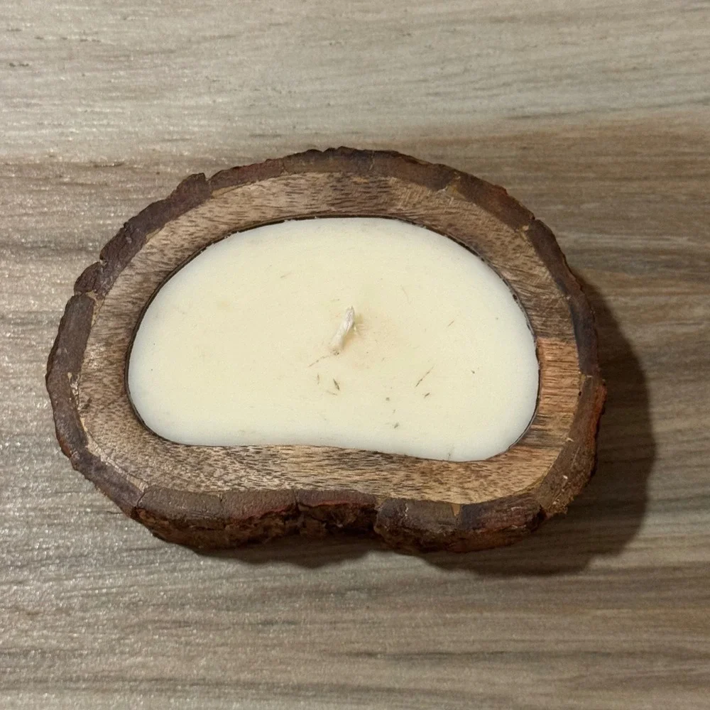Himalayan Handmade Candles Wild Green Fig Soy Wax Tree Bark Log Wood Bowl 5in